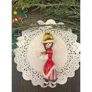 Vintage Handpainted Wooden Girl Ice Skater Pink Green Christmas Ornament